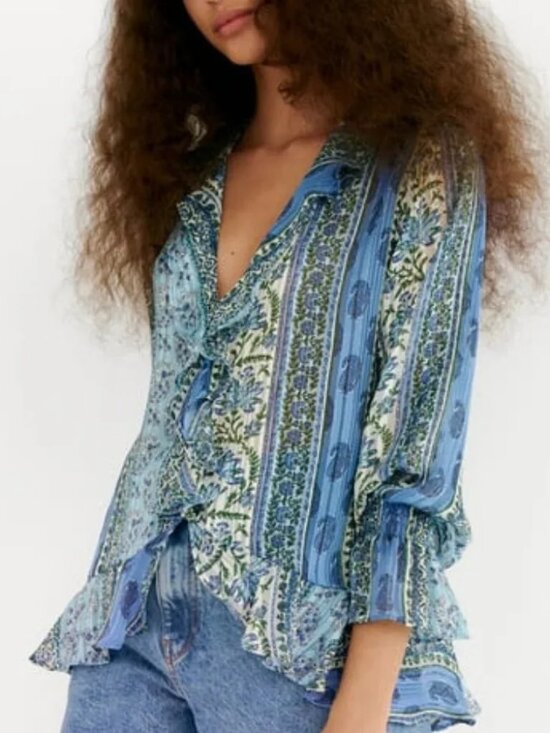 Zara Tops - Zara Blouse Womens Medium Blue Green Floral Paisley Ruffle Boho Peplum Top P4775